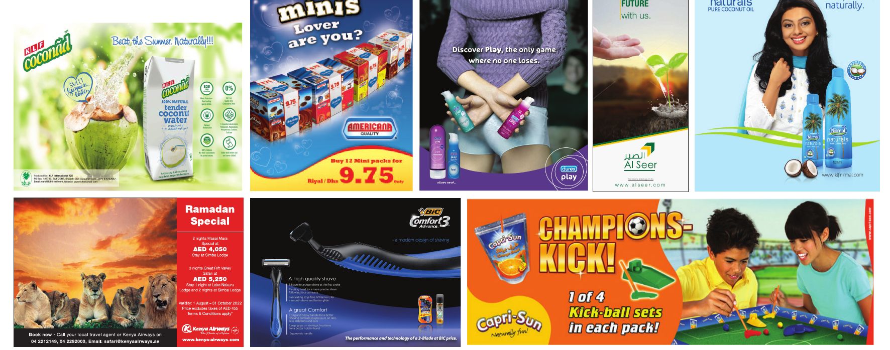 Press adverts and posters for KLF Coconad, Americana minis, Durex Play, Al Seer, Nirmal Naturals, Kenya Airways, BIC and Capri-Sun