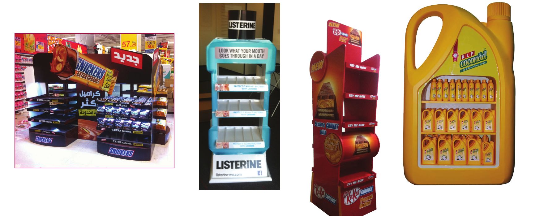 In-store displays for Snickers, Listerine, KitKat Chunky and a giant KLF Coconad oil can