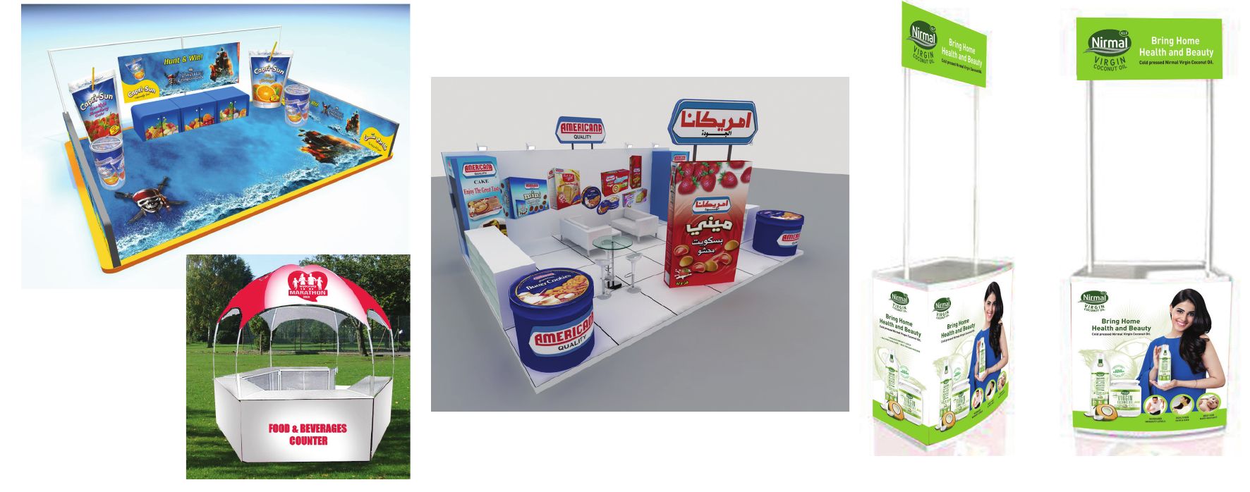 Capri-Sun promotional stand, Americana exhibition booth, Marathon refreshment counter and Nirmal promo counters